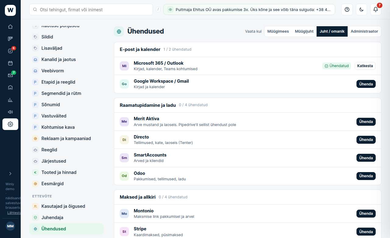 Teams ja Slack teavitused: ekraanipilt Winlyst