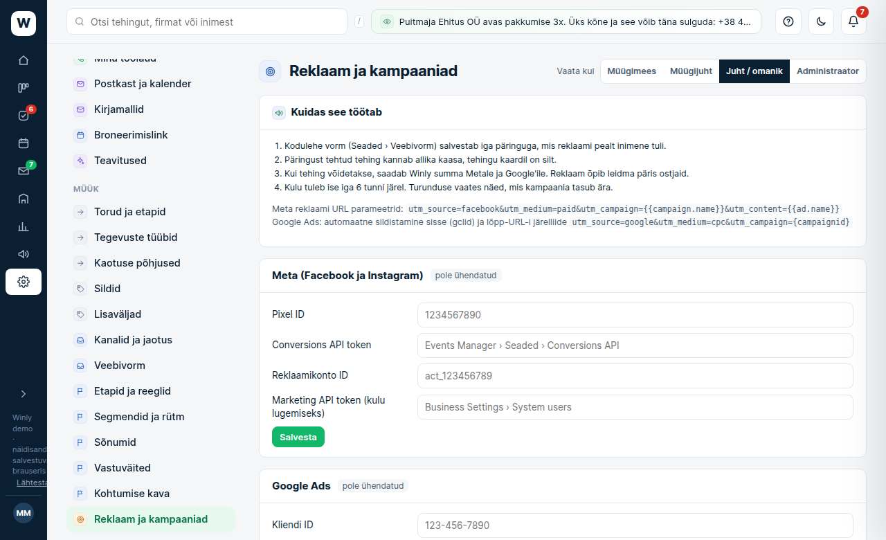 Turundus ja kampaaniad: ekraanipilt Winlyst