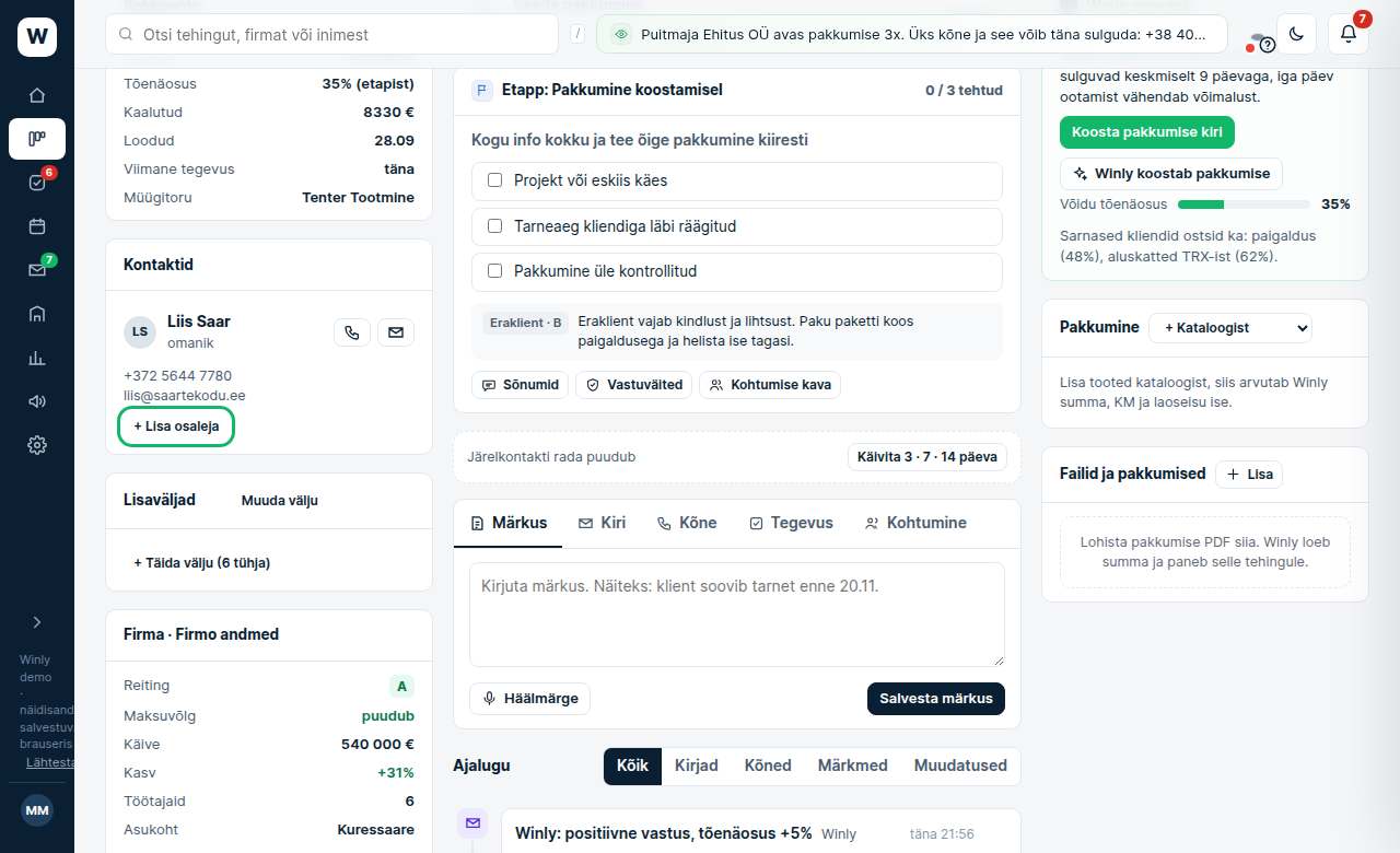 Mitu kontaktisikut ja info kaart: ekraanipilt Winlyst
