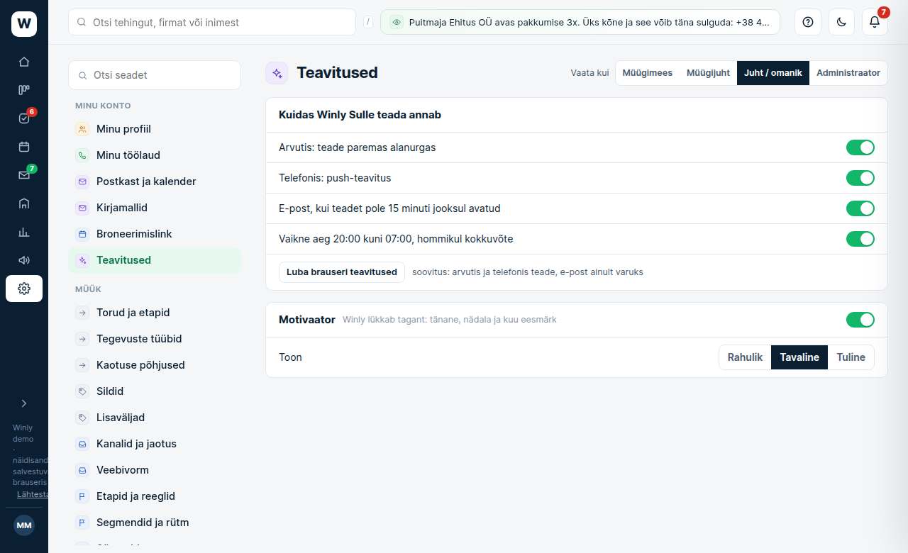 Teavitused: ekraanipilt Winlyst