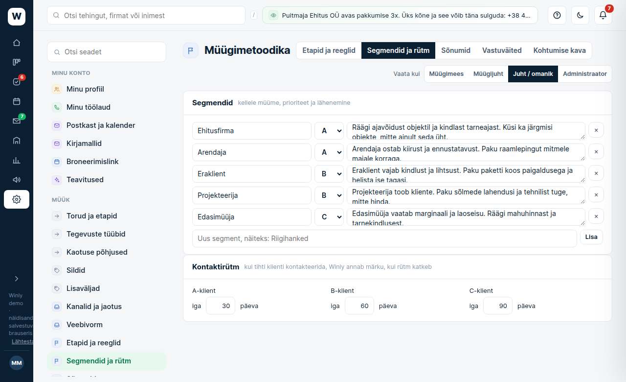 Segmendid ja rütm: ekraanipilt Winlyst